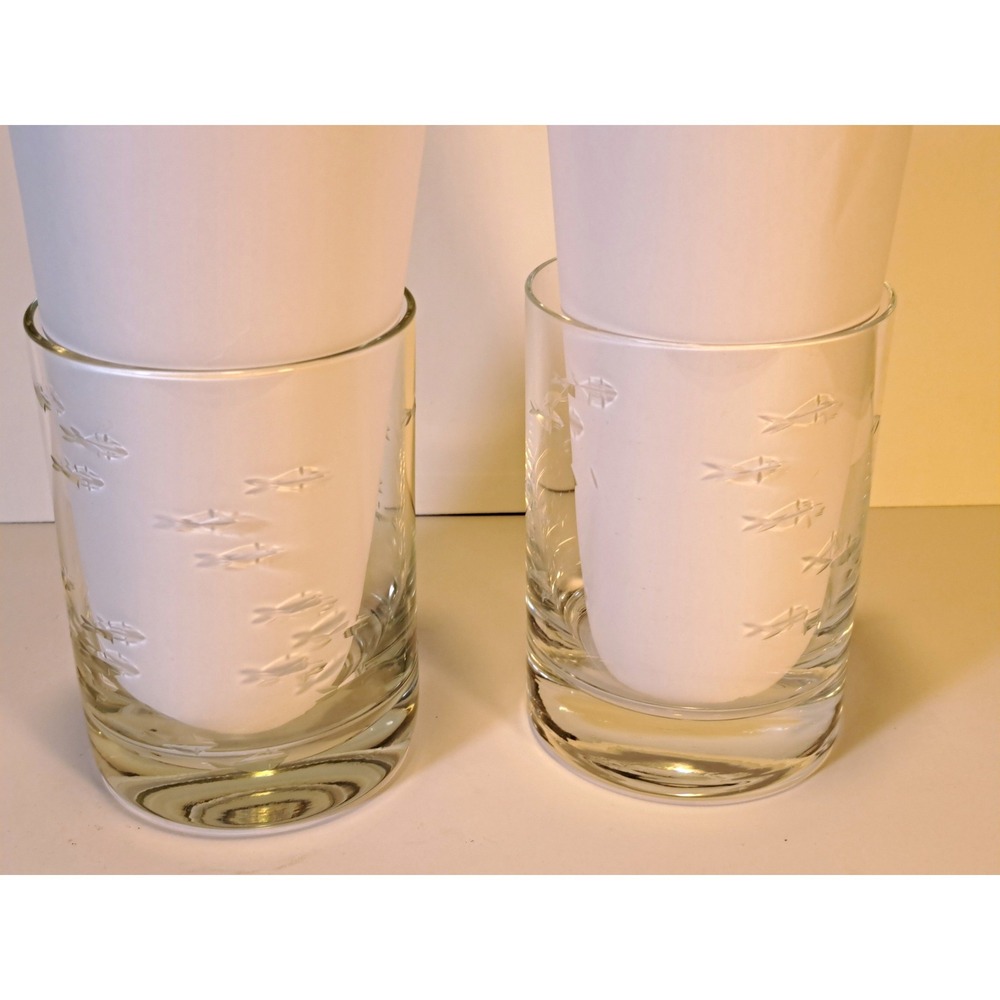 Set of 2 Crate & Barrel Reef Double Old-Fashioned Glasses Fish‎ Lowball Glasses